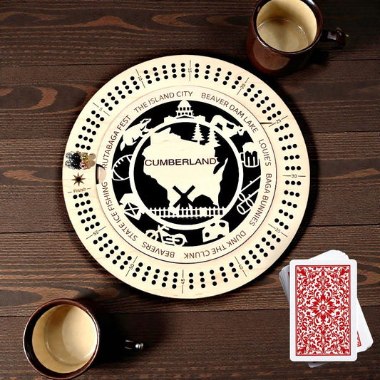 Custom City & Town Cribbage Board – Maple Wood Personalized Round Board with Local Events