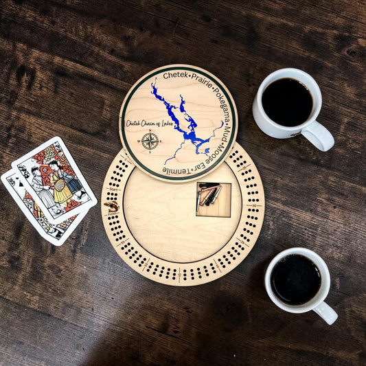 Personalized Lake & River Cribbage Board | Round Maple Wood Game Board | Local Lake Life Gift