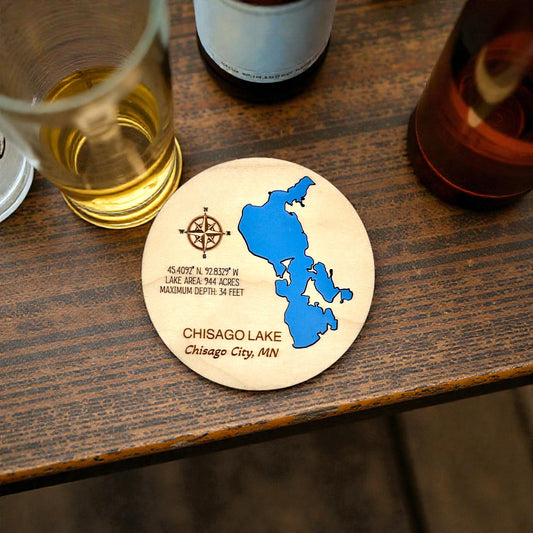 Custom Maple Lake Map Coasters | Personalized Lake Inlay & Cork Backing