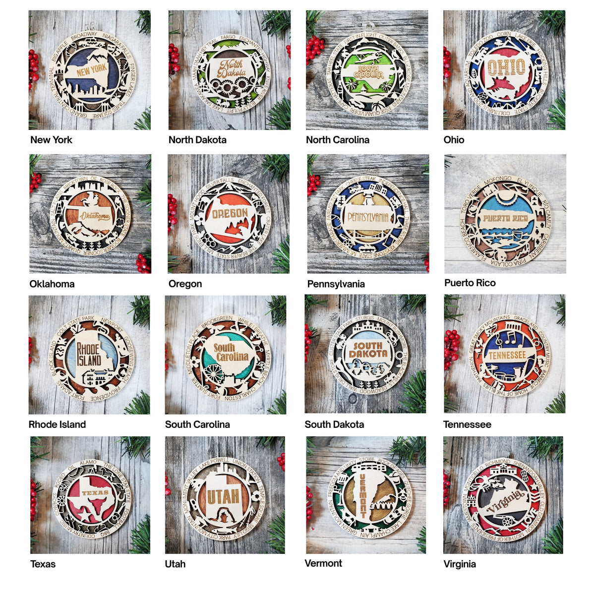 A collage of 16 oval wooden cribbage board tops, each labeled with a different U.S. state.