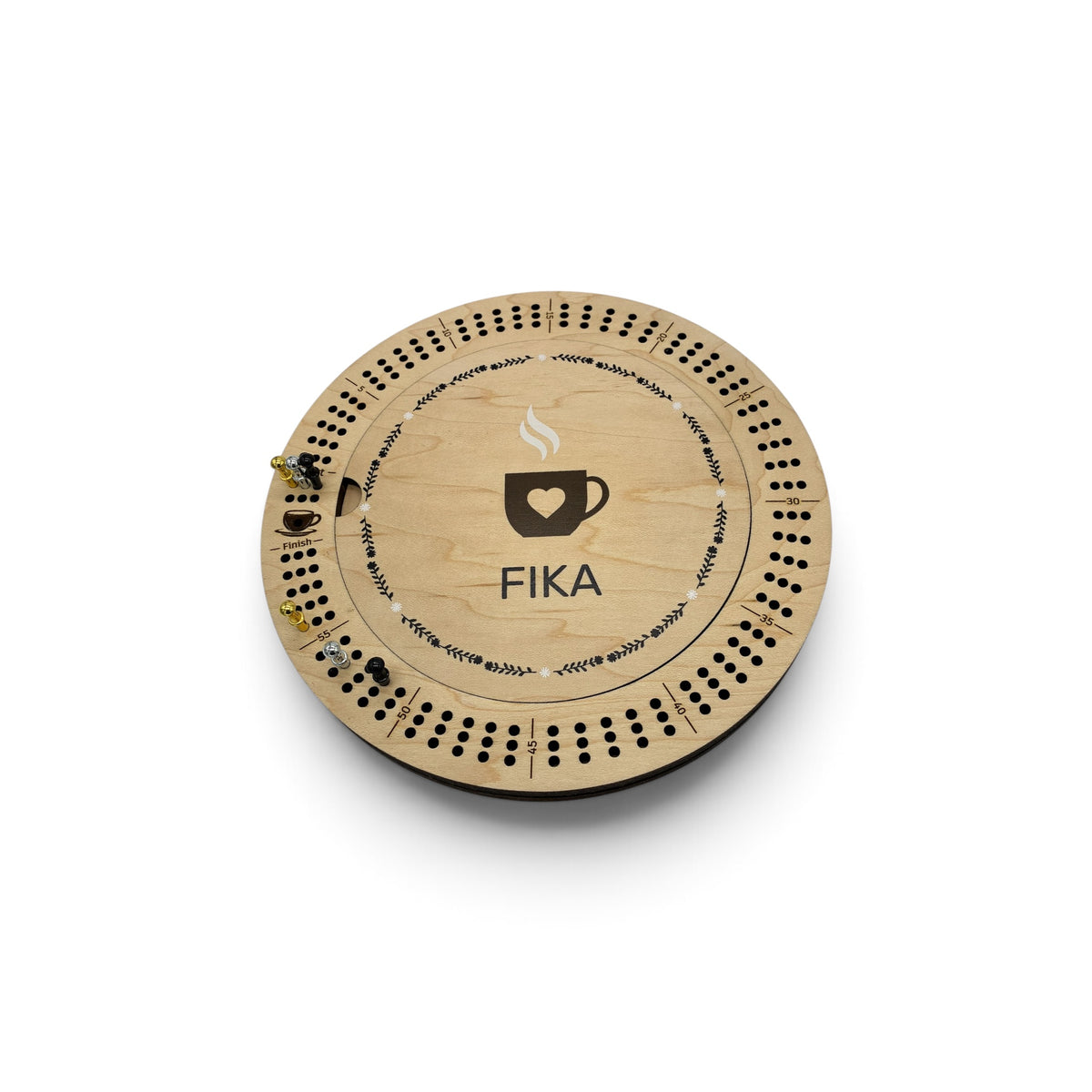 FIKA Round Cribbage Board with Coffee Cup - Maple Cribbage Board with Magnetic Storage Cover