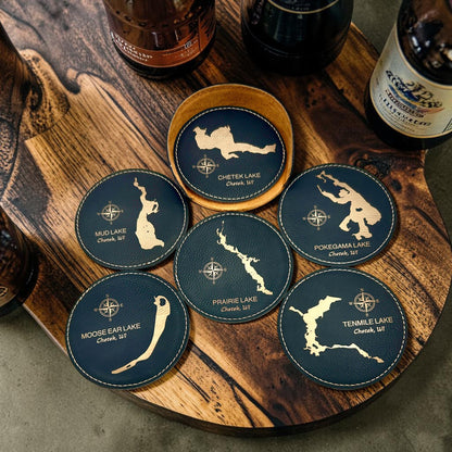 Personalized Lake Coasters – Custom Faux Leather Gold Engraved Drink Coasters