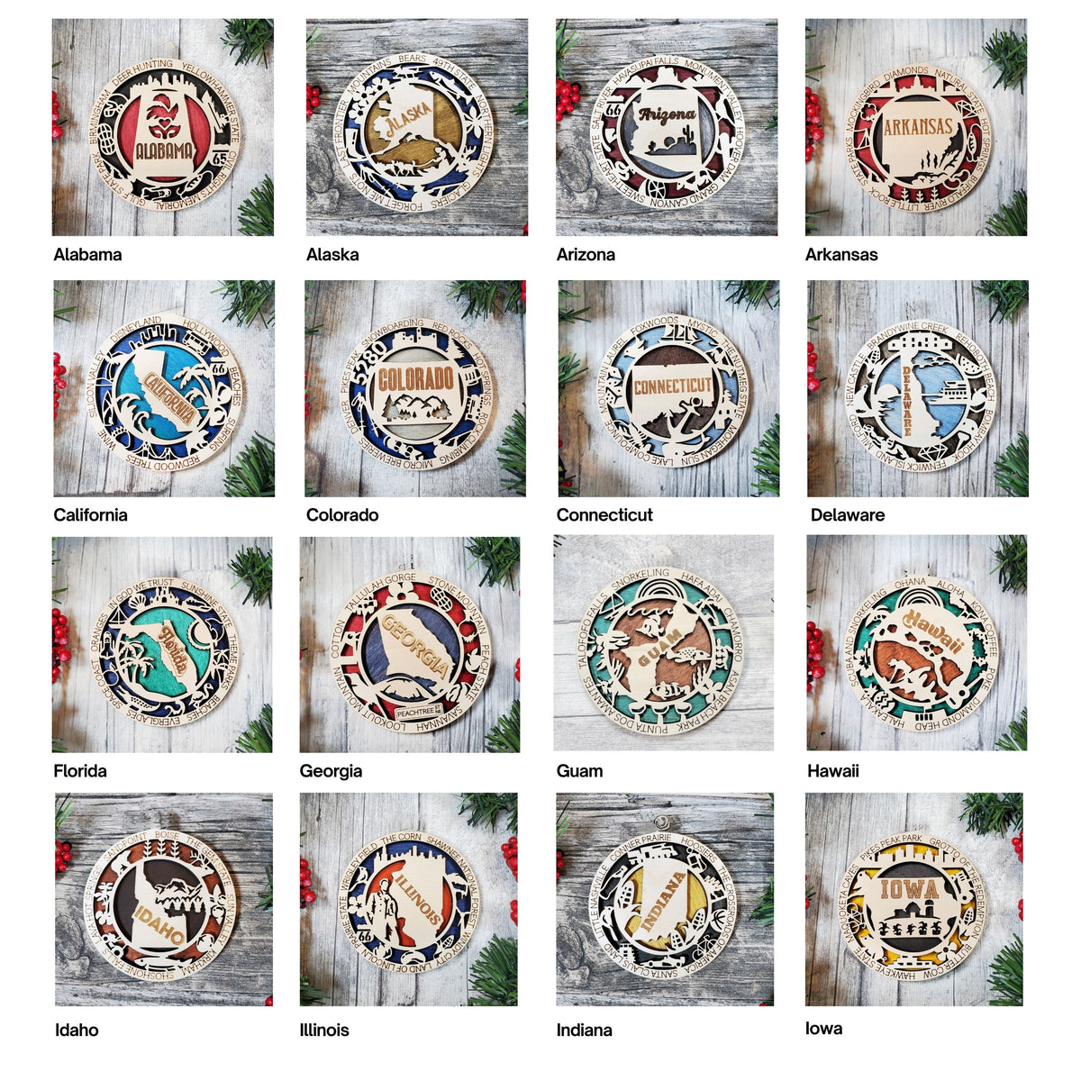 A grid of 16 round wooden cribbage board tops each labeled with its corresponding US state name (Alabama through Iowa). The tops are shown against a rustic white-washed wood background with pine branches and red berries as decorative props.