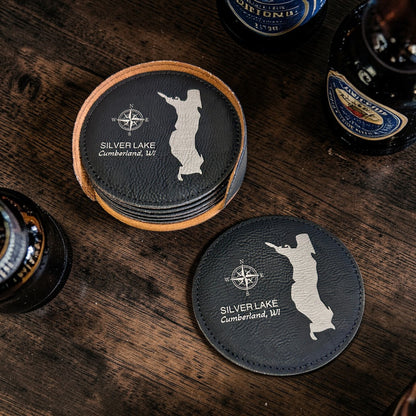Personalized Lake Coasters – Custom Faux Leather Gold Engraved Drink Coasters