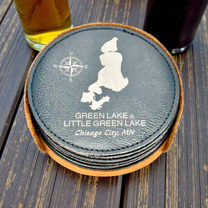 Personalized Lake Coasters – Custom Faux Leather Gold Engraved Drink Coasters
