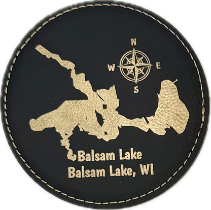 Personalized Lake Coasters – Custom Faux Leather Gold Engraved Drink Coasters