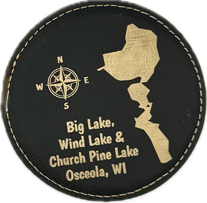 Personalized Lake Coasters – Custom Faux Leather Gold Engraved Drink Coasters