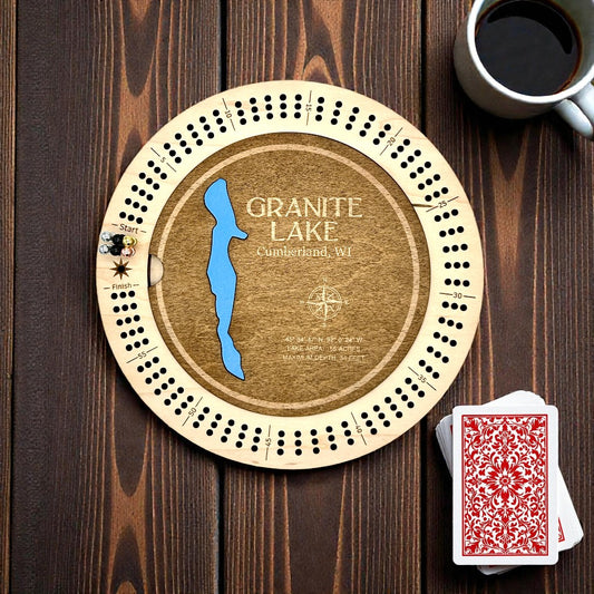 Custom Maple Lake Round Cribbage Board – Walnut-Stained Cover – Blue Inlay Printed Lake Design – Handmade Wooden Game Board