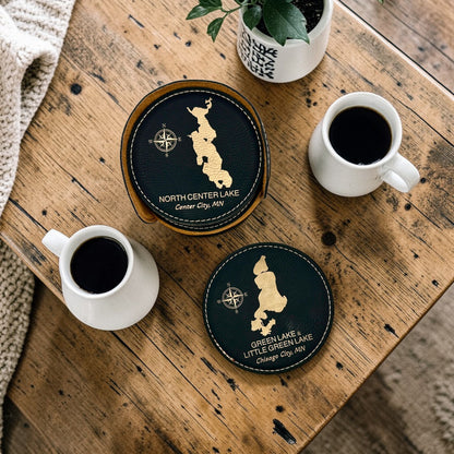 Personalized Lake Coasters – Custom Faux Leather Gold Engraved Drink Coasters