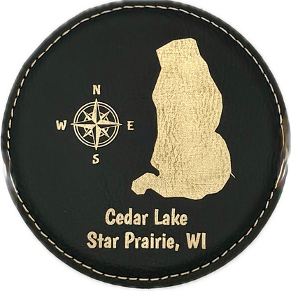 Personalized Lake Coasters – Custom Faux Leather Gold Engraved Drink Coasters
