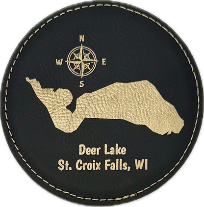 Personalized Lake Coasters – Custom Faux Leather Gold Engraved Drink Coasters
