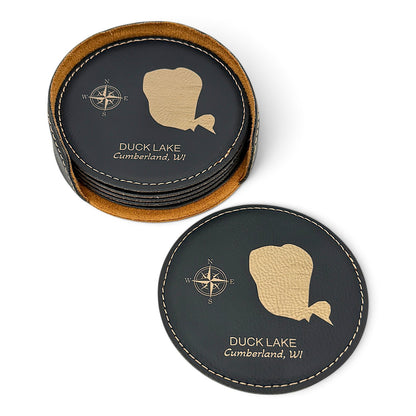 Personalized Lake Coasters – Custom Faux Leather Gold Engraved Drink Coasters