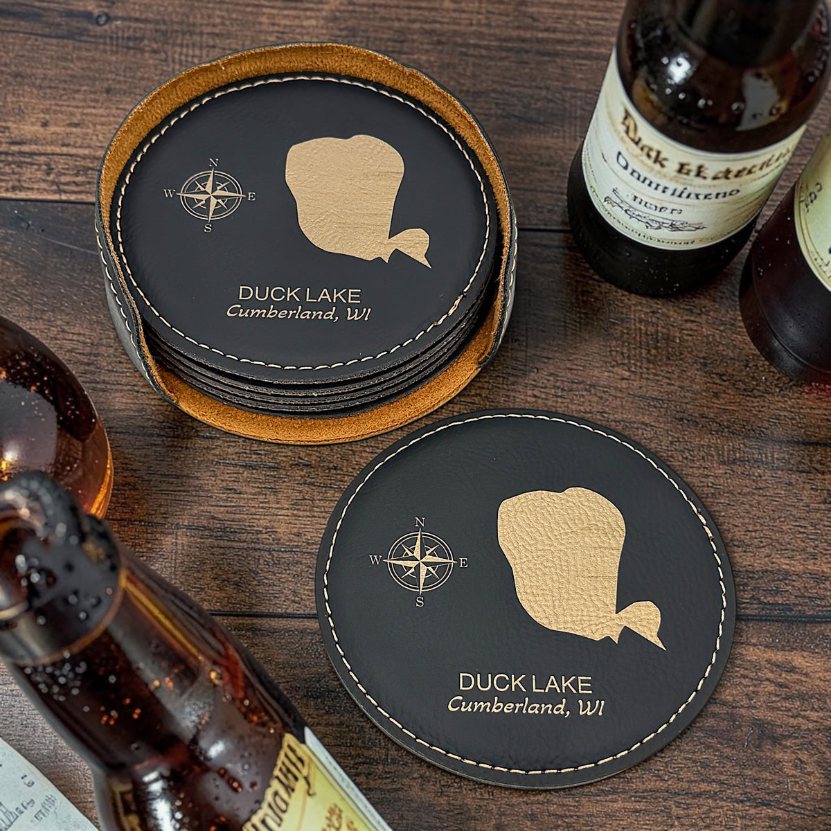 Personalized Lake Coasters – Custom Faux Leather Gold Engraved Drink Coasters