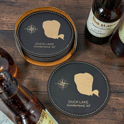 Personalized Lake Coasters – Custom Faux Leather Gold Engraved Drink Coasters