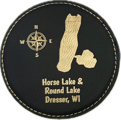 Personalized Lake Coasters – Custom Faux Leather Gold Engraved Drink Coasters