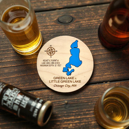 Custom Maple Lake Map Coasters | Personalized Lake Inlay & Cork Backing