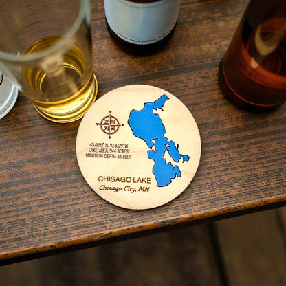 Custom Maple Lake Map Coasters | Personalized Lake Inlay & Cork Backing