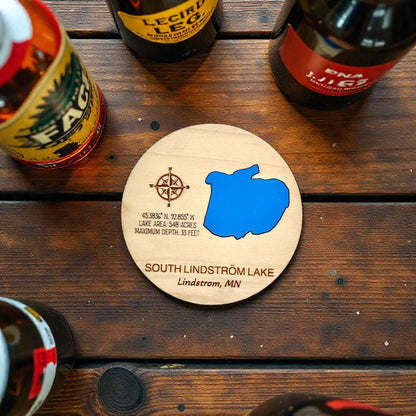 Custom Maple Lake Map Coasters | Personalized Lake Inlay & Cork Backing
