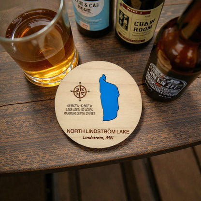 Custom Maple Lake Map Coasters | Personalized Lake Inlay & Cork Backing