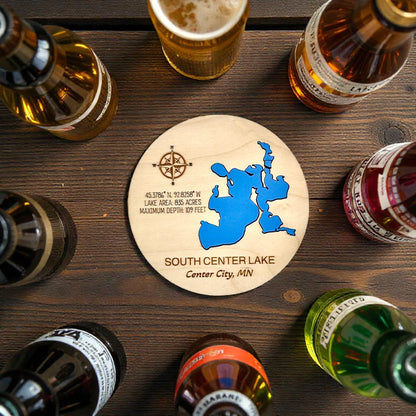 Custom Maple Lake Map Coasters | Personalized Lake Inlay & Cork Backing