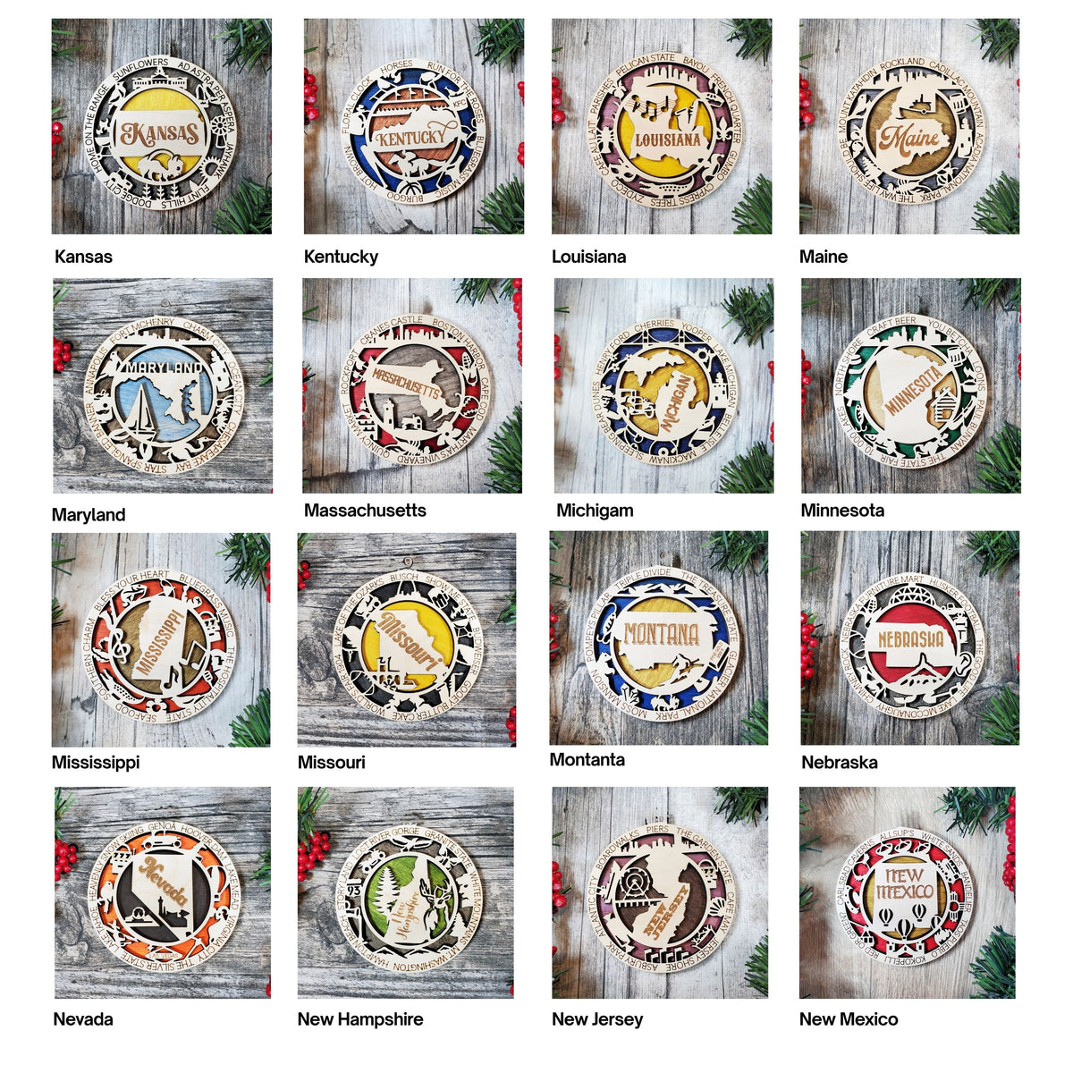 A grid of 16 oval-shaped wooden cribbage board tops, each labeled with a state name such as Kansas, Kentucky, Louisiana, and Minnesota. The tops are displayed on a rustic gray wood background with pine branches and red berries as decorative props.