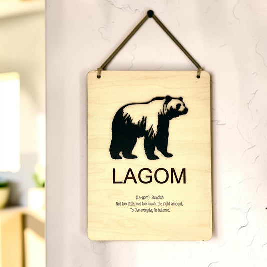Lagom Maple Wood Sign with Black Bear | Scandinavian Rustic Home Décor