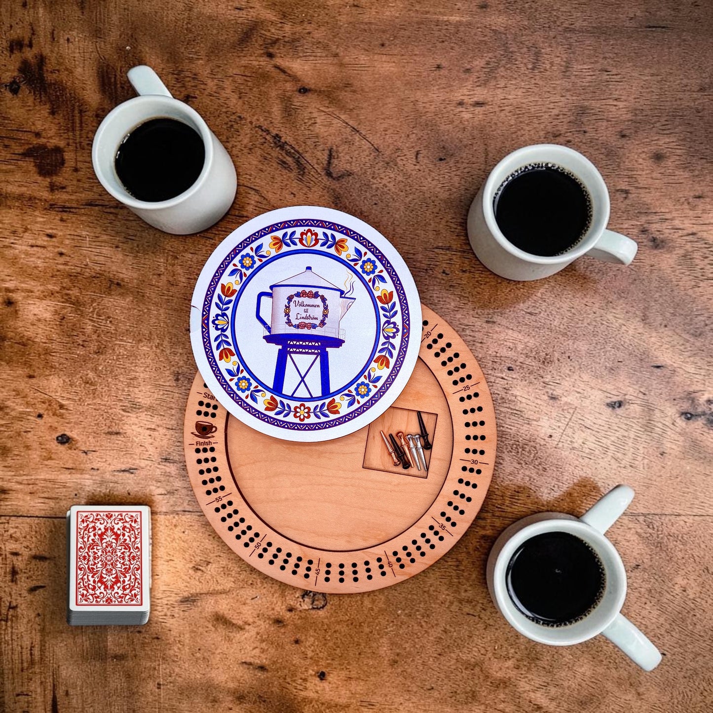 Round Lindstrom Coffee Pot Water Tower Maple Cribbage Board – Wooden Game Board – Local-Inspired Gift & Home Décor
