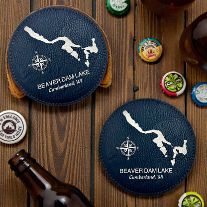 Personalized Lake Coasters – Custom Faux Leather Gold Engraved Drink Coasters