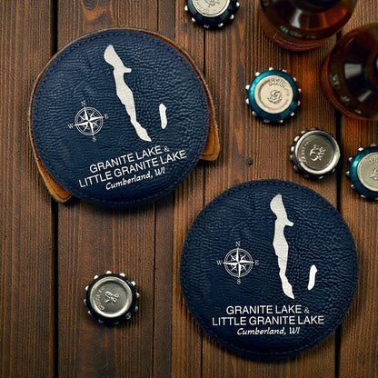 Personalized Lake Coasters – Custom Faux Leather Gold Engraved Drink Coasters