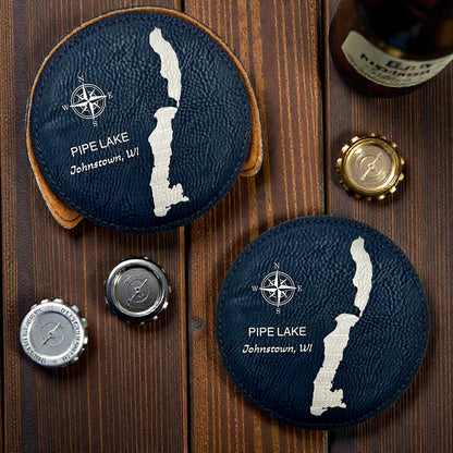 Personalized Lake Coasters – Custom Faux Leather Gold Engraved Drink Coasters