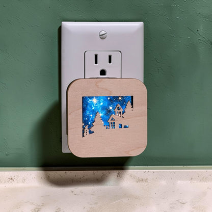 Winter Laser Engraved LED Night Light – Xmas Maple Wood LED Night Light – Snowy Seasonal Home Decor