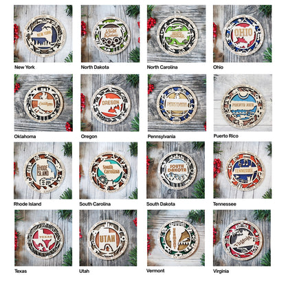 A collage of 16 oval wooden cribbage board tops, each labeled with a different U.S. state.
