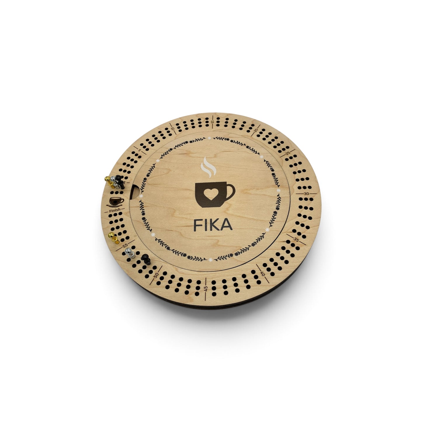 FIKA Round Maple Cribbage Board with Coffee Cup & Magnetic Storage Cover
