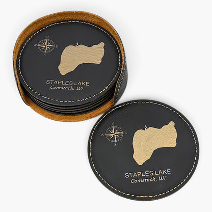 Personalized Lake Coasters – Custom Faux Leather Gold Engraved Drink Coasters