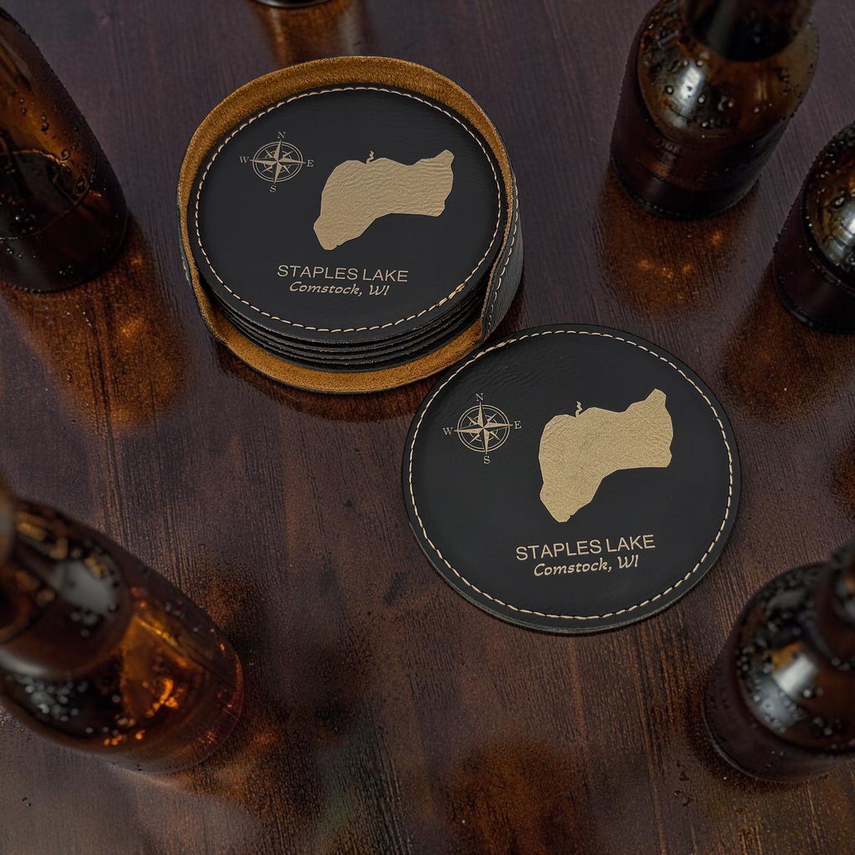 Personalized Lake Coasters – Custom Faux Leather Gold Engraved Drink Coasters