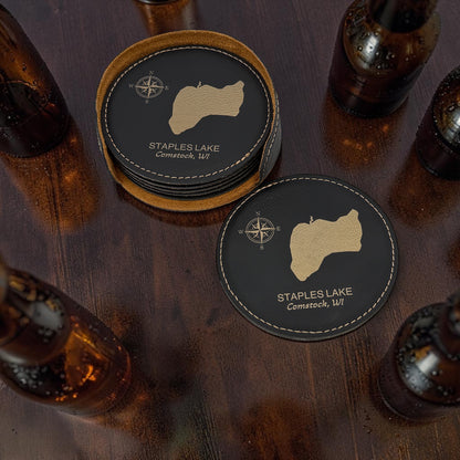 Personalized Lake Coasters – Custom Faux Leather Gold Engraved Drink Coasters