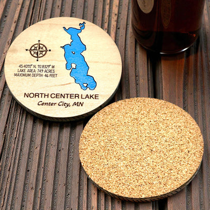Custom Maple Lake Map Coasters | Personalized Lake Inlay & Cork Backing