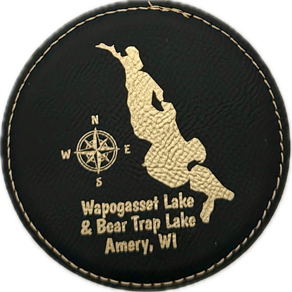 Personalized Lake Coasters – Custom Faux Leather Gold Engraved Drink Coasters