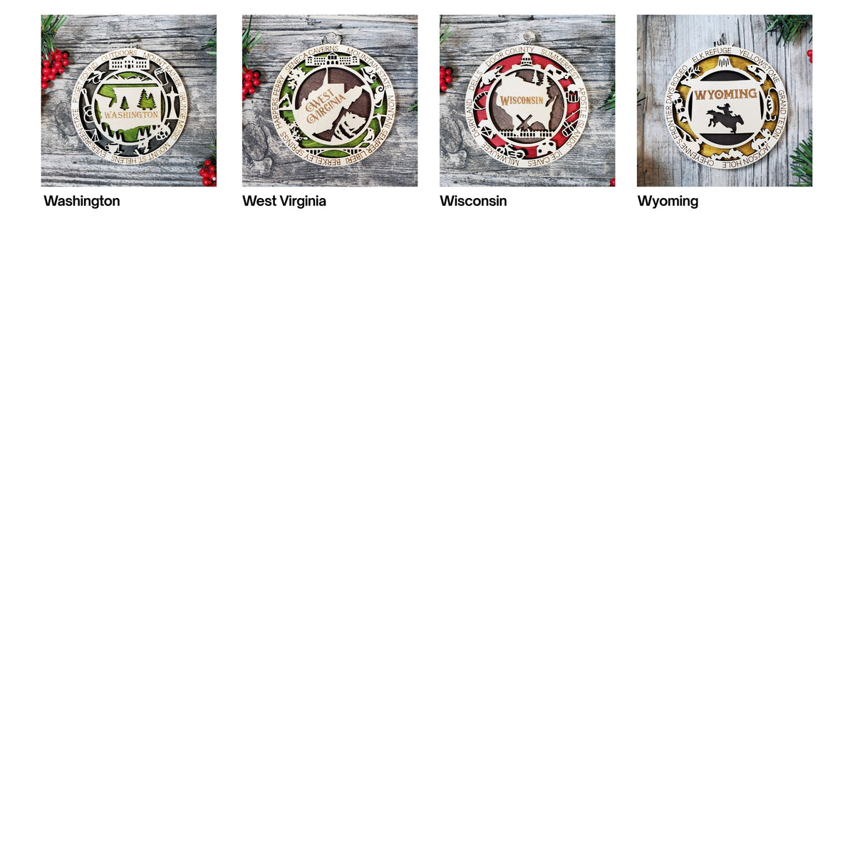 Four oval cribbage board tops shown on a white background with state names beneath each: Washington, West Virginia, Wisconsin, and Wyoming. The tops feature rustic wood textures, red berries, green foliage, and state-themed illustrations.