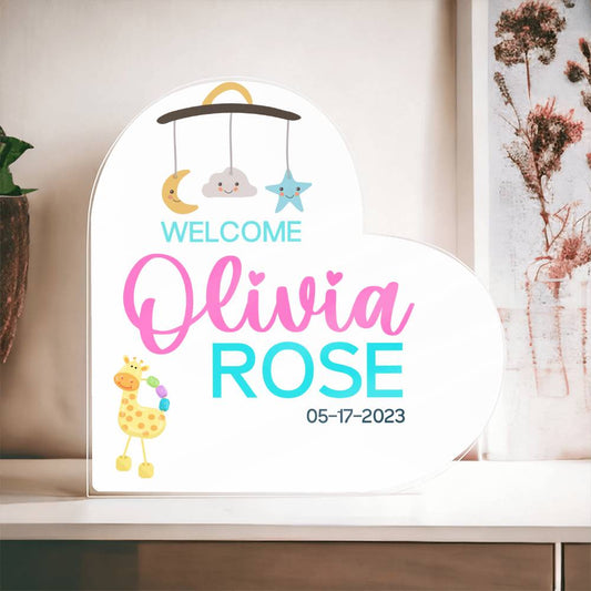 Baby Girl Personalized Welcome Acrylic Heart Sign With White Background, Custom Name Nursery Decor, Kids Room Decor, Personalized Gifts for Babies, Newborn Announcement