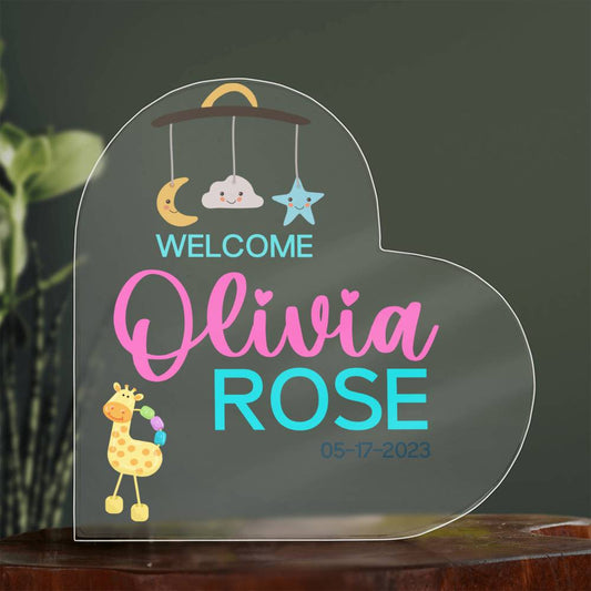 Baby Girl Personalized Welcome Transparent Acrylic Heart Sign, Custom Name Nursery Decor, Personalized Gifts for Babies, Newborn Announcement