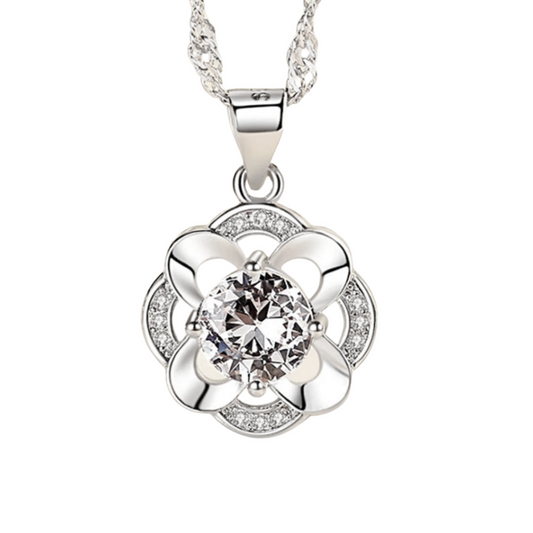 White Cubic Zirconia with Flower Shaped Pendant Necklace