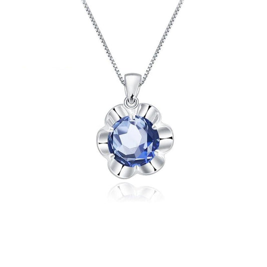 2.73Ct Natural Lolite Blue Mystic Quartz Pendant Necklace with flower shaped setting on white background