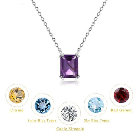 Natural Square Gemstone in 8 prong setting (2 in each corner) 925 Sterling Silver Necklace.  Colors Citrine, Swiss Blue Topaz, Cubic Zirconia, Sky Blue Topaz and Red Garnet.