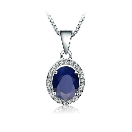 Natural Blue Sapphire stone surrounded by white cubic zirconia with 925 Sterling Silver pendant and chain