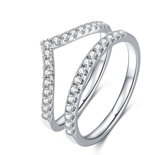925 Sterling Silver Dainty Moissanite Stacking Ring Set, one half eternity band and one v-shaped half eternity band