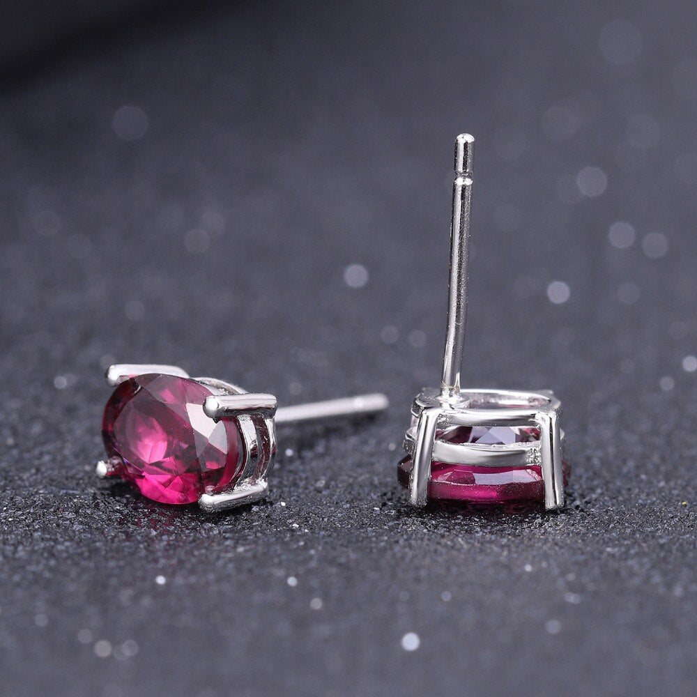 Front and back view of Dainty Natural Rhodolite Oval 925 Sterling Silver Stud Earrings