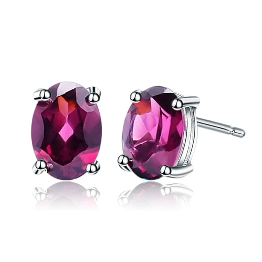 Dainty Natural Rhodolite Oval 925 Sterling Silver Stud Earrings set in a 4 prong setting