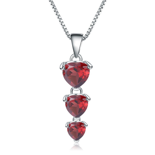 2.87Ct Red Garnet 925 Sterling Silver Heart Pendant Necklace with three red garnet hearts stacked from biggest to smallest