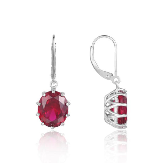 Front and side view of 925 Sterling Silver Oval Drop Ruby Color Earrings.  Ruby stone is held in place by 10 prong setting.